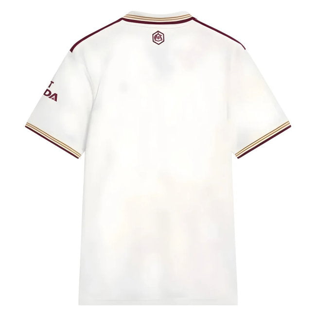 White short-sleeve soccer jersey shown from the back, featuring maroon shoulder stripes, striped collar, a small hexagonal crest at the back neck, and partial sleeve text on the left arm.