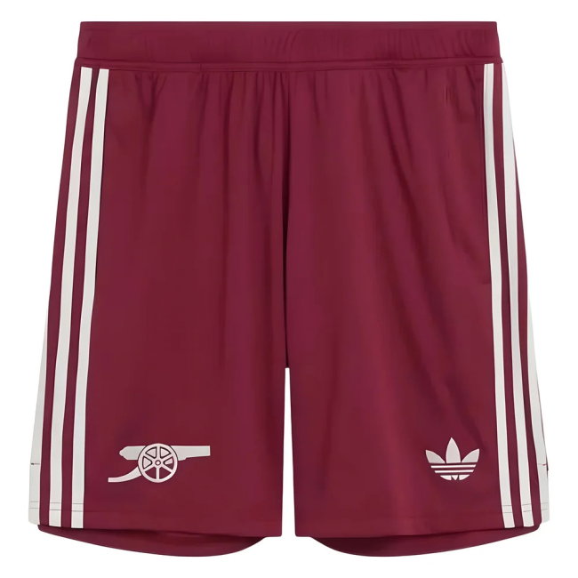 A pair of Adidas athletic shorts in maroon with white stripes down the sides and white embroidered logos on the lower legs, shown against a plain white background.
