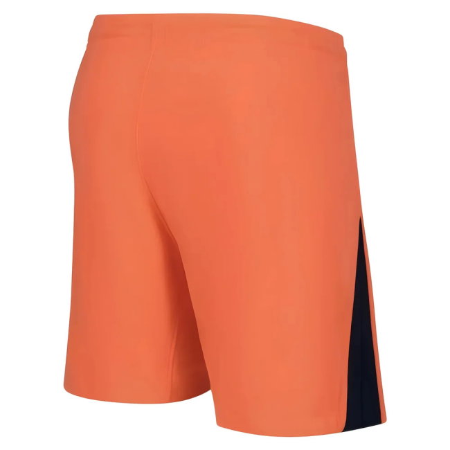 Orange shorts with a black side panel on a white background
