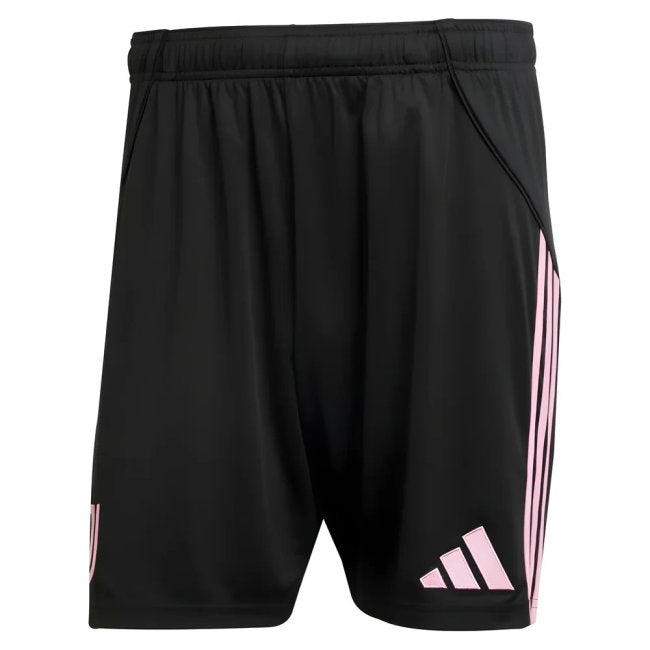 Black shorts with pink stripes and Adidas logo on a white background