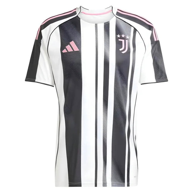 A short-sleeve Juventus soccer jersey with vertical black and white stripes, featuring the pink Adidas logo on the right chest and the Juventus club crest on the left chest, set against a plain white background.