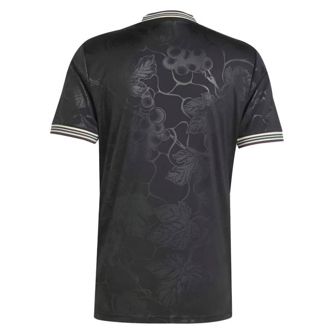 A black short-sleeve athletic jersey shown from the back, featuring a subtle dark gray floral vine pattern across the back and white stripes on the collar and sleeve cuffs.
