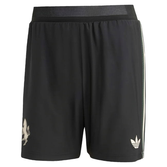 Black Adidas shorts with a logo on a white background