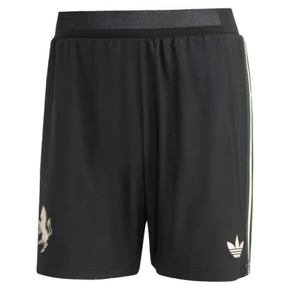 Black Adidas shorts with a logo on a white background