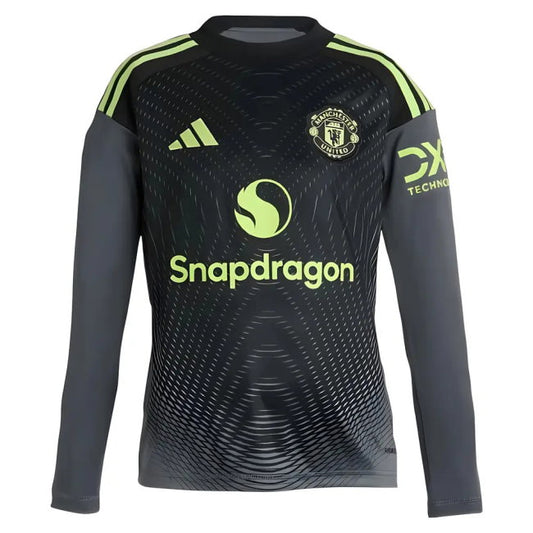 A long-sleeve Manchester United soccer jersey by Adidas, featuring a dark gray and black wavy pattern with neon yellow-green accents on the shoulder stripes, logos, and sleeve print.
