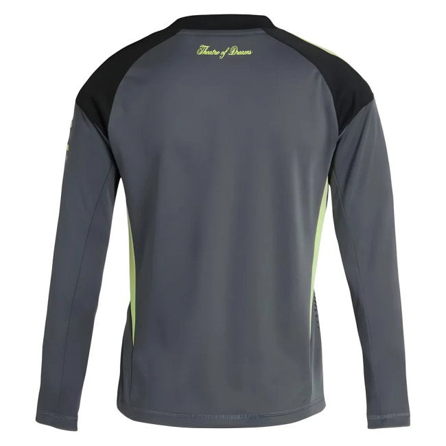 A long-sleeve athletic jersey shown from the back, featuring a dark gray body, black shoulder yokes, and lime green side accents and script logo.
