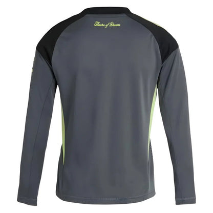 A long-sleeve athletic jersey shown from the back, featuring a dark gray body, black shoulder yokes, and lime green side accents and script logo.