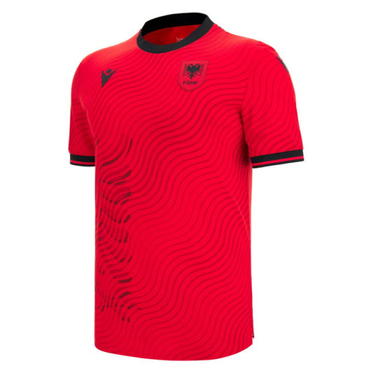 Red sports jersey with black accents on a white background