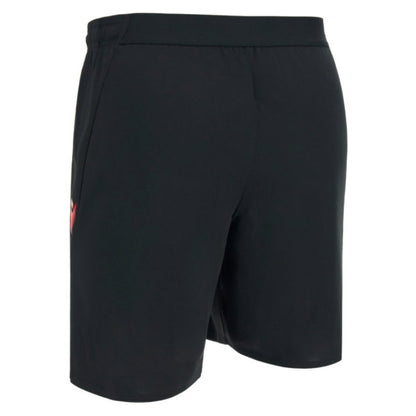 Black athletic shorts with an elastic waistband, shown from a three-quarters back angle on a plain white background.