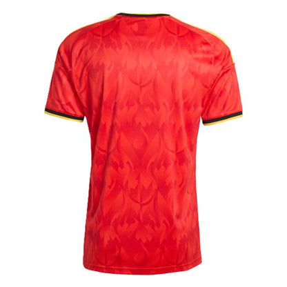 Red sports jersey with black and yellow accents on a white background