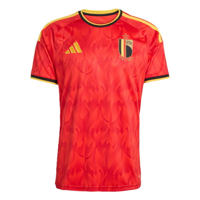 A red Belgium national football team home jersey by Adidas, featuring a subtle flame pattern, yellow shoulder stripes, and the Belgium crest on the chest.