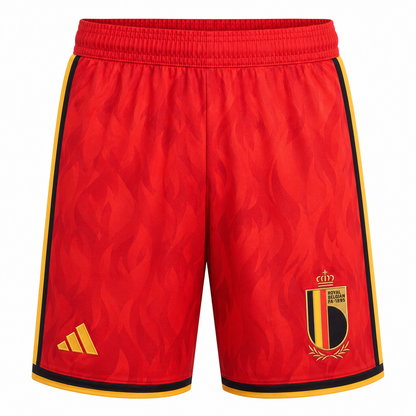 Red Belgium soccer shorts with a subtle flame pattern, featuring yellow and black side stripes, a yellow logo, and a Belgium crest on the left leg.