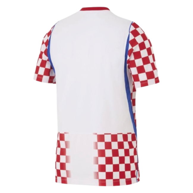 White sports jersey with red and blue checkered sleeves on a white background