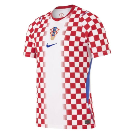 A Nike Croatia national football team home jersey featuring the classic red and white checkered pattern, a white center panel, and a blue Nike swoosh on the chest.