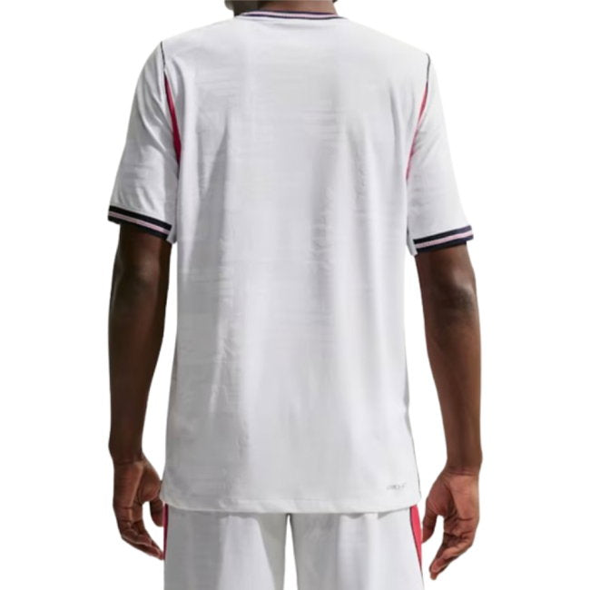 White sports jersey with red accents on a white background