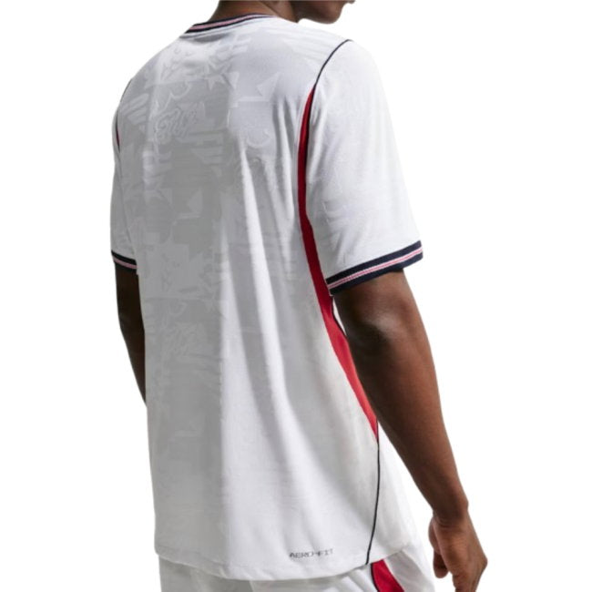 White sports jersey with red and blue accents on a white background