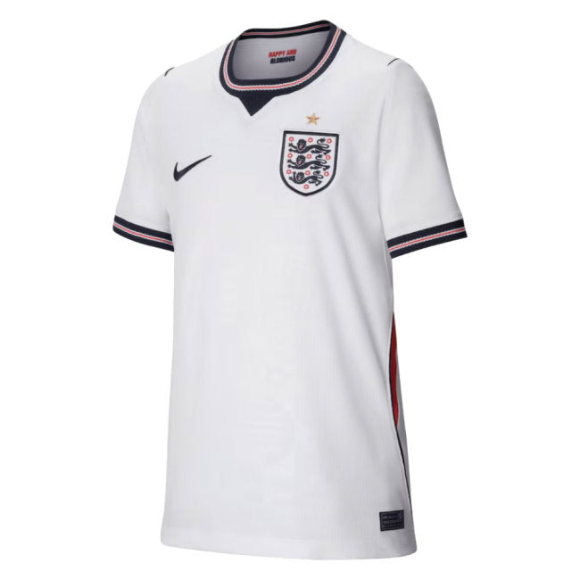 White soccer jersey with logo and England national team emblem on a white background