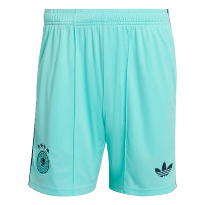 Turquoise Adidas Germany soccer shorts with a black trefoil logo on the left leg and a black crest with stars on the right leg, shown against a plain white background.