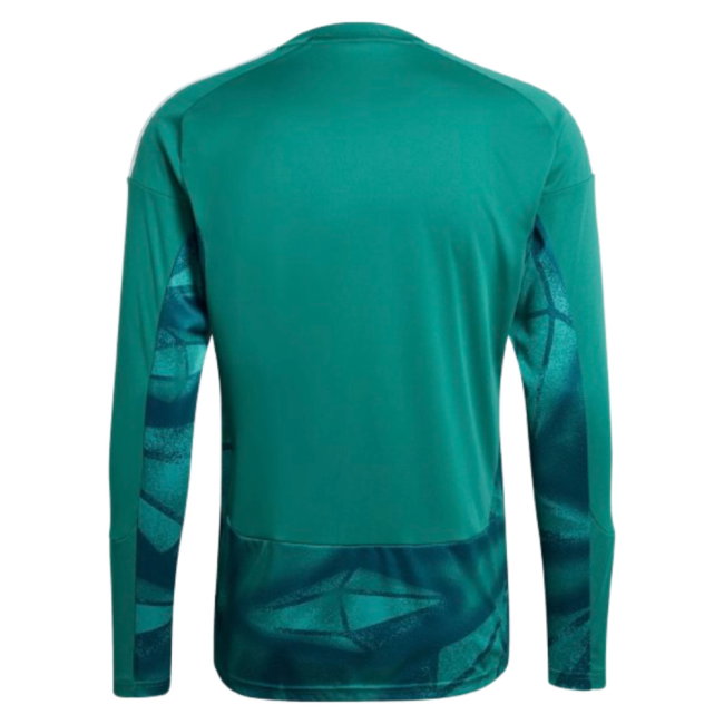 Green long-sleeve shirt with geometric patterns on a white background