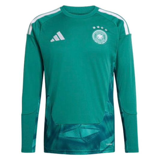 Green long-sleeve sports shirt with Adidas logo and German national team emblem on a white background