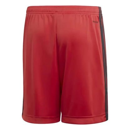 Red athletic shorts with black side stripes and a small black logo on the upper right hip, shown against a plain white background.