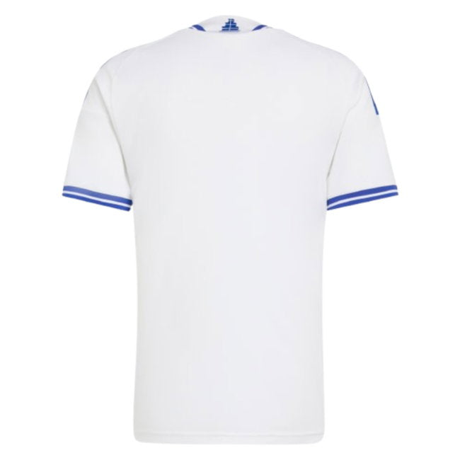 White short-sleeve athletic jersey shown from the back, featuring blue stripe accents on the sleeve cuffs and a blue logo at the inner neck.