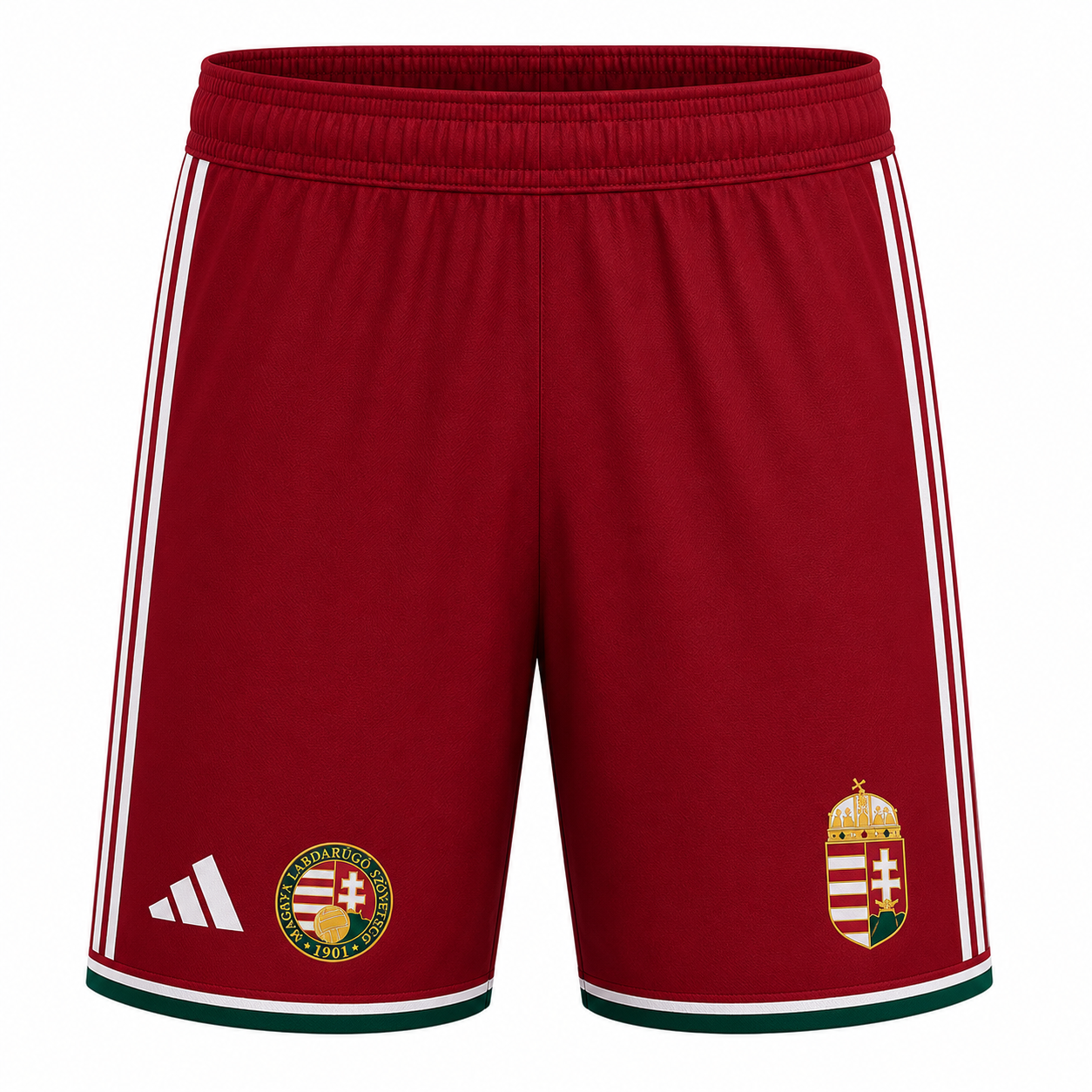 Red athletic shorts with white side stripes, featuring the Hungarian national team crest on the left leg and the logo on the right leg.
