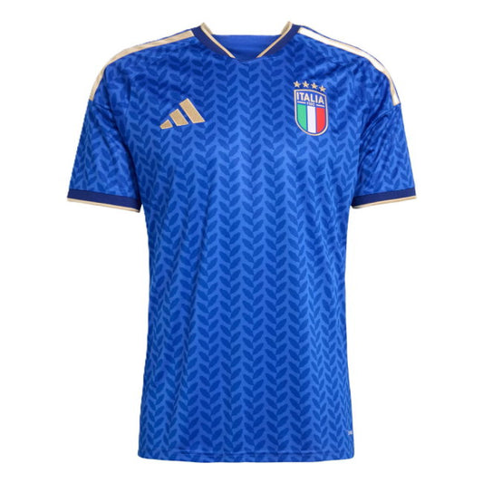 Blue sports jersey with Italian flag and Adidas logo on a white background