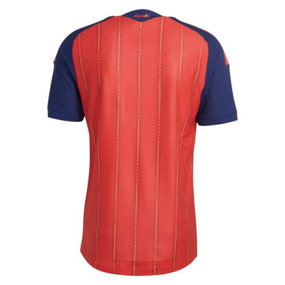A short-sleeve athletic jersey shown from the back, featuring a red body with vertical stitched panel lines and navy blue sleeves and shoulder yokes.