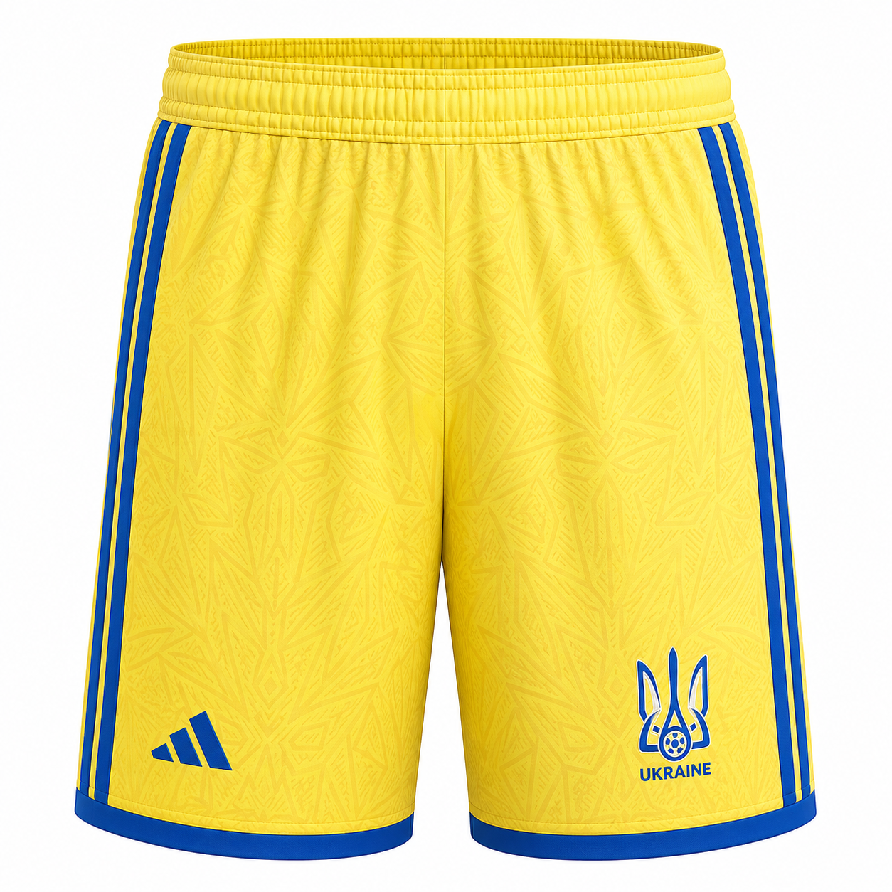 Yellow and blue soccer shorts with the Ukraine national team crest and logo, shown on a plain white background.