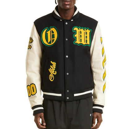 Black Wizard Leather Wool Varsity Jacket