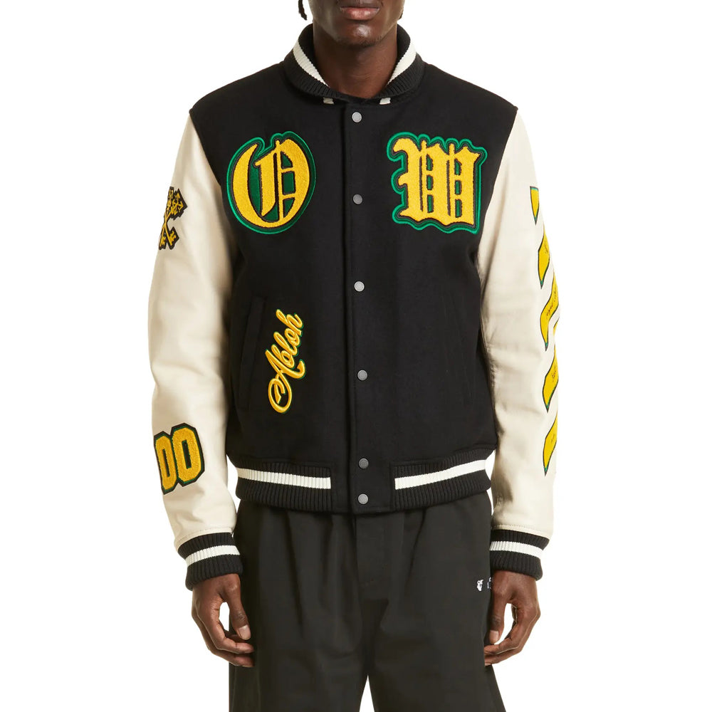Black Wizard Leather Wool Varsity Jacket