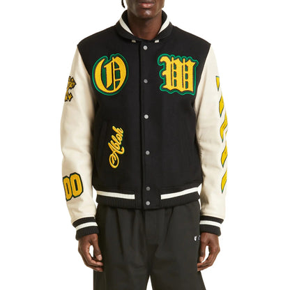 Black Wizard Leather Wool Varsity Jacket