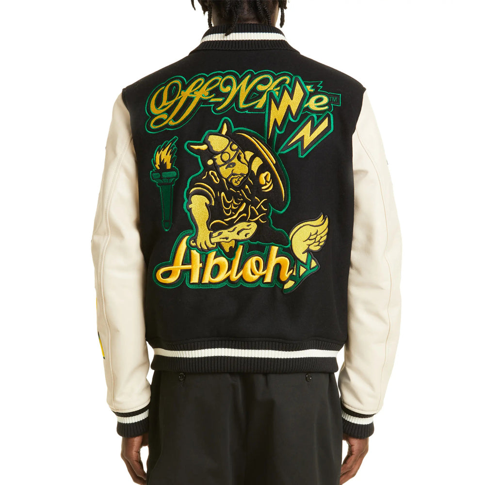 Black Wizard Leather Wool Varsity Jacket