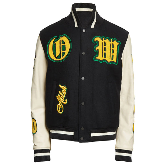 Stretch Wool Blend & Leather Varsity Jacket