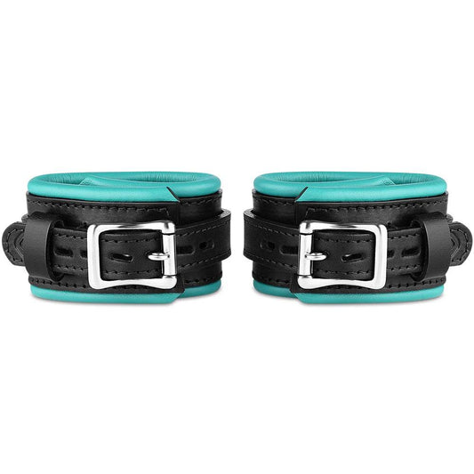 Leather wrist cuff set, black and teal bright polished