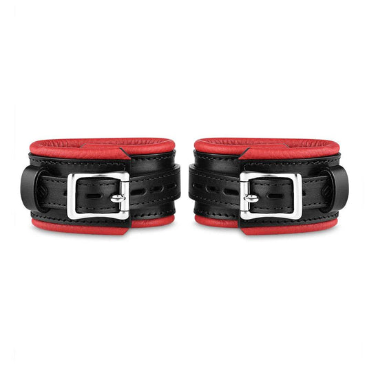 Leather wrist cuff set, black and red bright polished