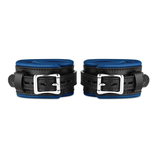 Leather wrist cuff set, black and blue bright polished