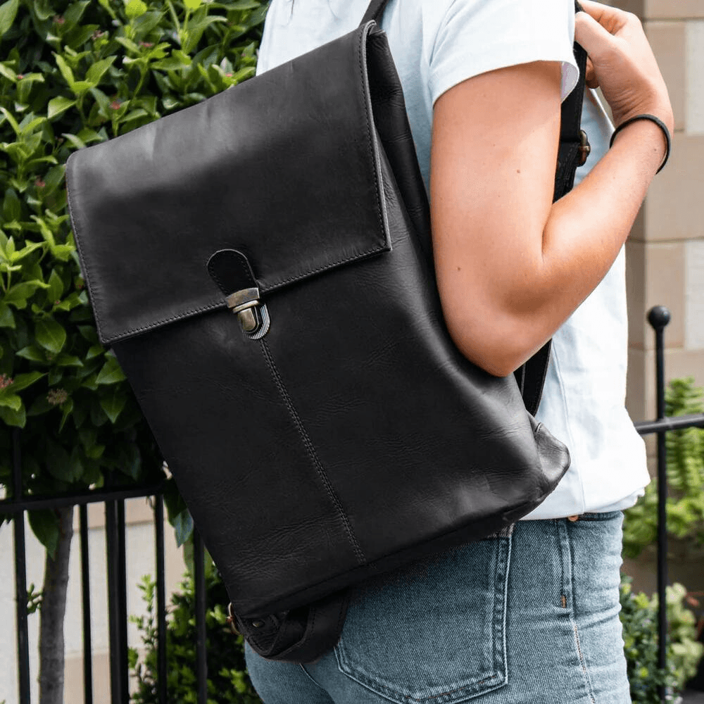 clip backpack leather Black Premium Leather Bag Clip Up Backpack, With Customization Options