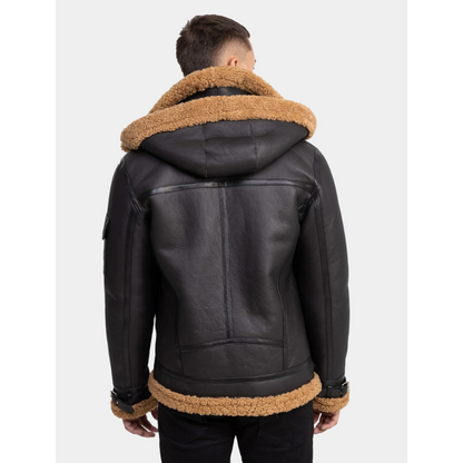 Classy Brown Leather Shearling Hooded Aviator Jacket