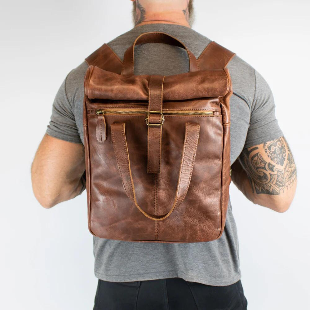 Brown Leather Vintage Style Roll Top Backpack