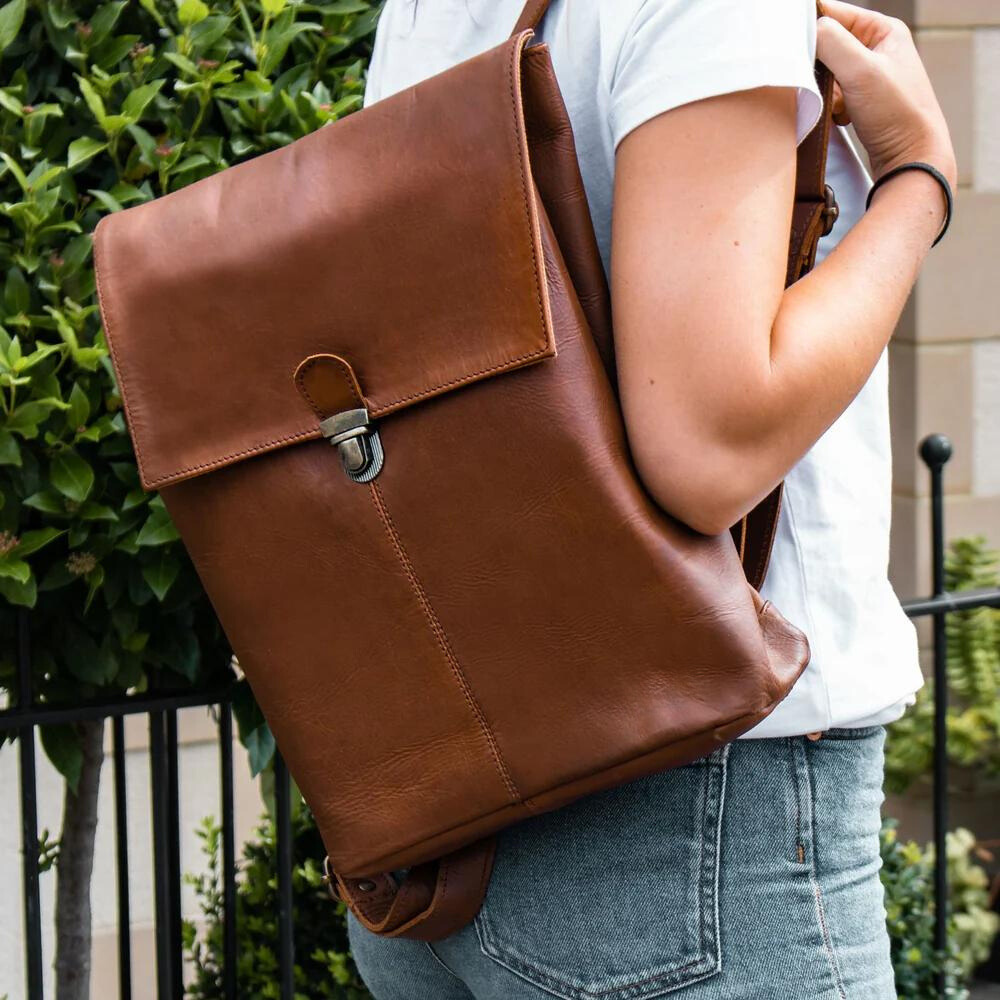 Brown Square Leather Backpack For Work