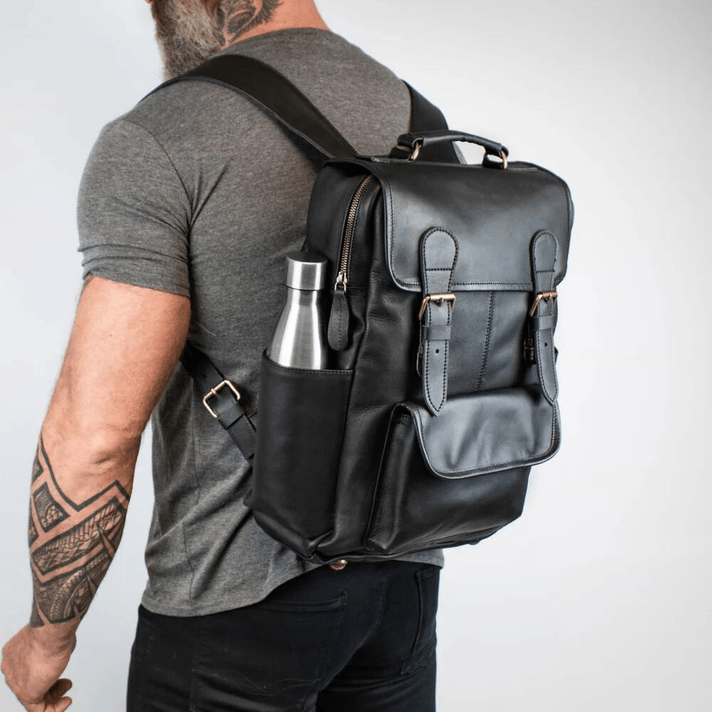 Square Black Leather Backpack