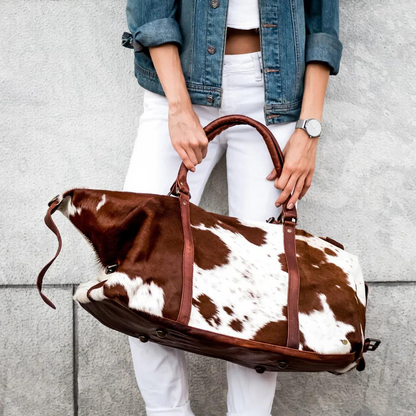 Brown and White Cowhide Leather Duffle Bag