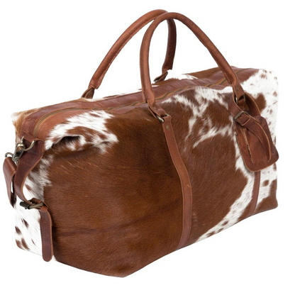 Brown and White Cowhide Leather Duffle Bag