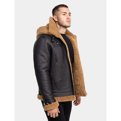 Classy Brown Leather Shearling Hooded Aviator Jacket