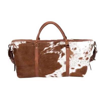 Brown and White Cowhide Leather Duffle Bag