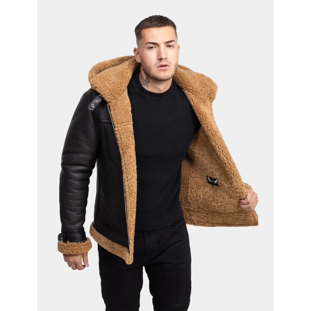 Classy Brown Leather Shearling Hooded Aviator Jacket