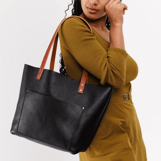 Black Women Leather Tote Bag - CoreFlexInd
