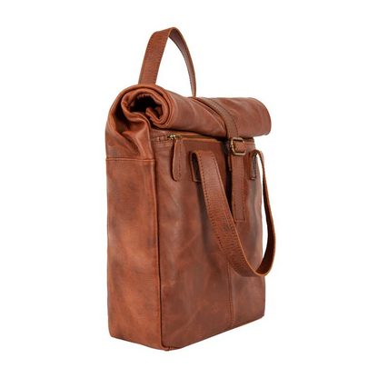 Brown Leather Vintage Style Roll Top Backpack